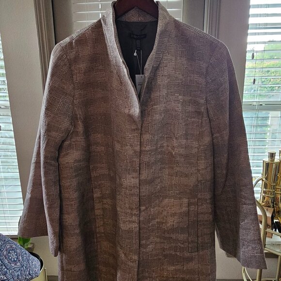 Share EILEEN FISHER BUTTERCREAM ENIGMA JACQUARD FUNNEL NECK LONG JACKET L $478 - Picture 1 of 9